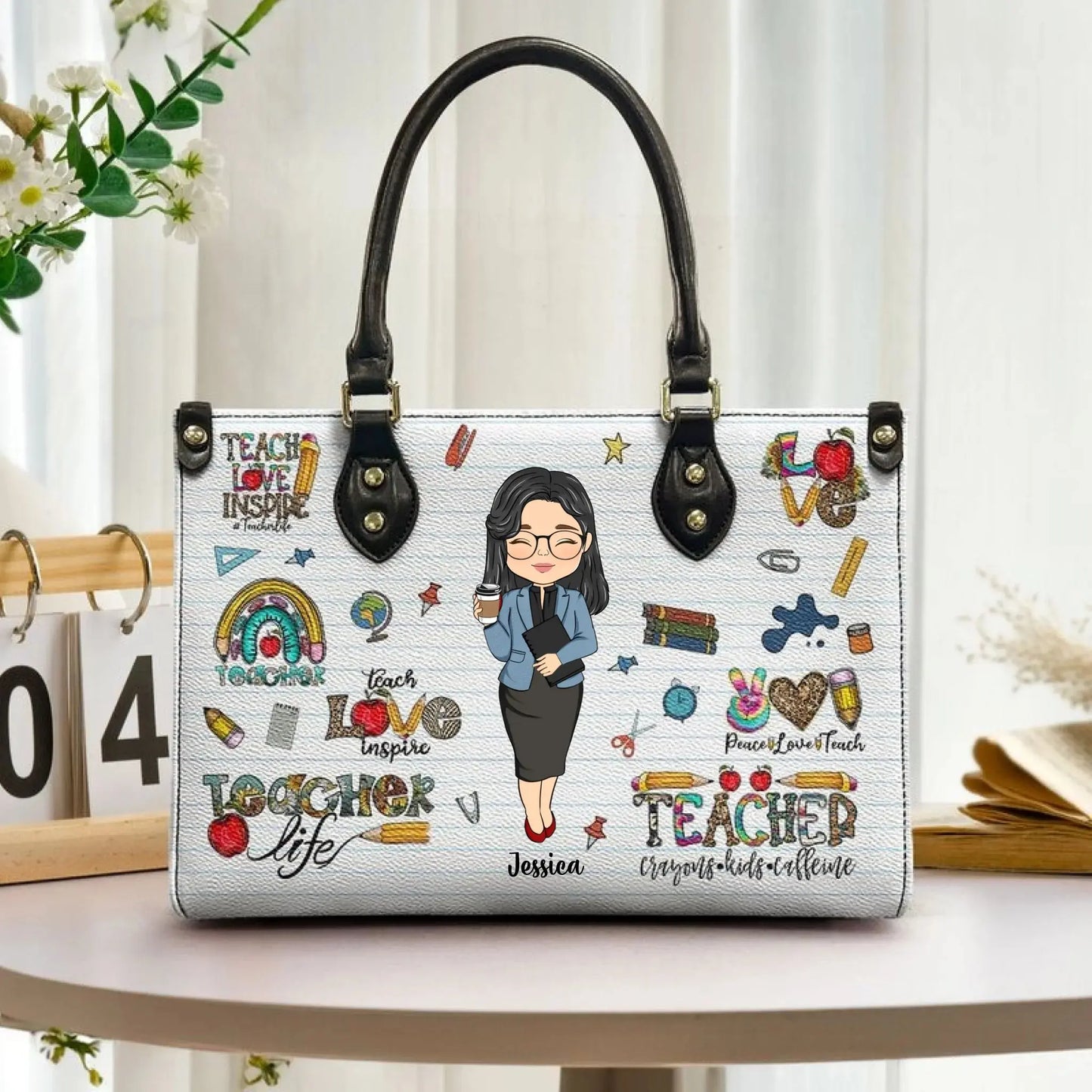 Personalized Teacher Life Leather Handbag – Custom PU Bag with Name & Character – Back to School Gift for Women, Teachers Ezcustomize