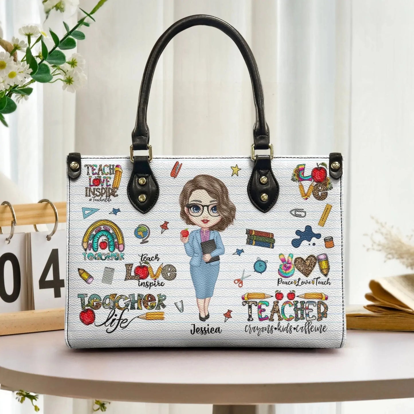 Personalized Teacher Life Leather Handbag – Custom PU Bag with Name & Character – Back to School Gift for Women, Teachers Ezcustomize