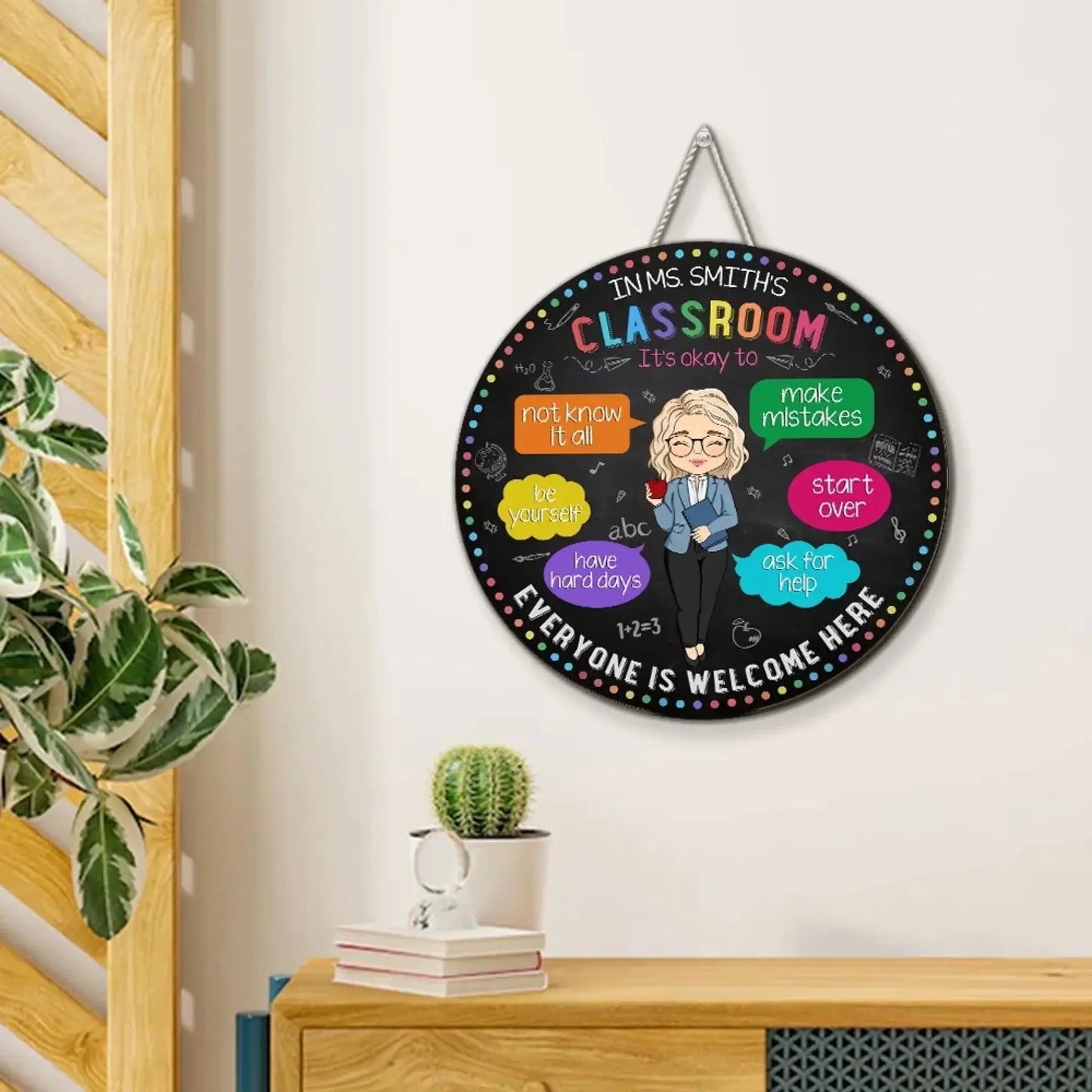 Personalized Teacher Wood Sign – “In My Classroom Everything Is Okay” Round Door Sign, Back to School Gift for Teachers, Classroom Welcome Decor Ezcustomize