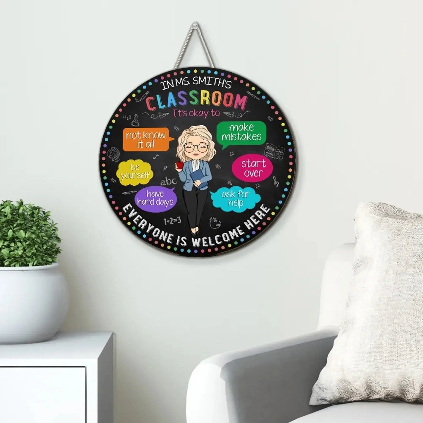 Personalized Teacher Wood Sign – “In My Classroom Everything Is Okay” Round Door Sign, Back to School Gift for Teachers, Classroom Welcome Decor Ezcustomize