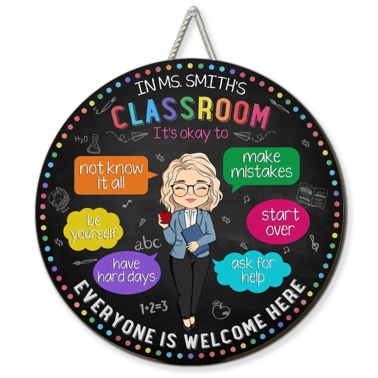 Personalized Teacher Wood Sign – “In My Classroom Everything Is Okay” Round Door Sign, Back to School Gift for Teachers, Classroom Welcome Decor Ezcustomize