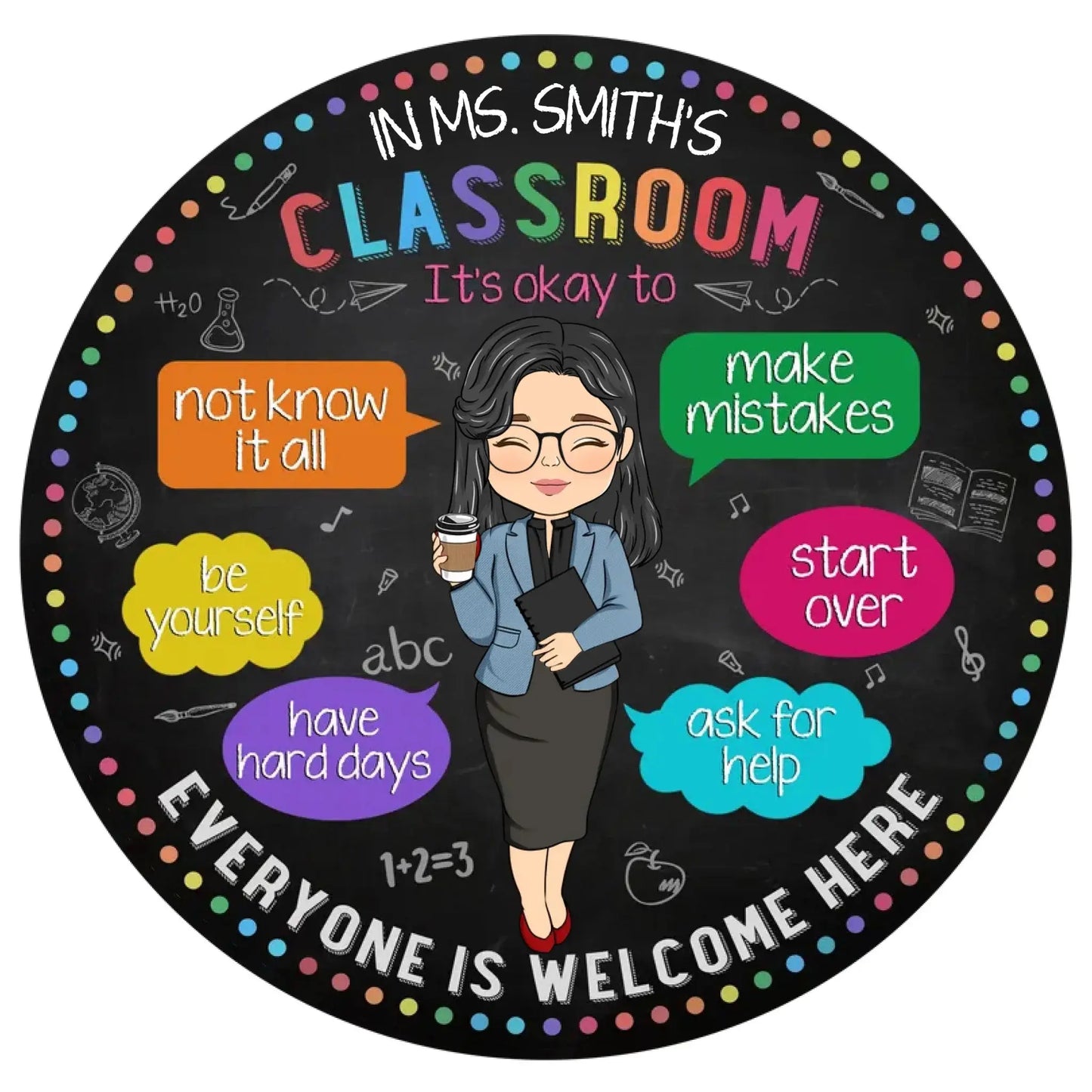 Personalized Teacher Wood Sign – “In My Classroom Everything Is Okay” Round Door Sign, Back to School Gift for Teachers, Classroom Welcome Decor Ezcustomize