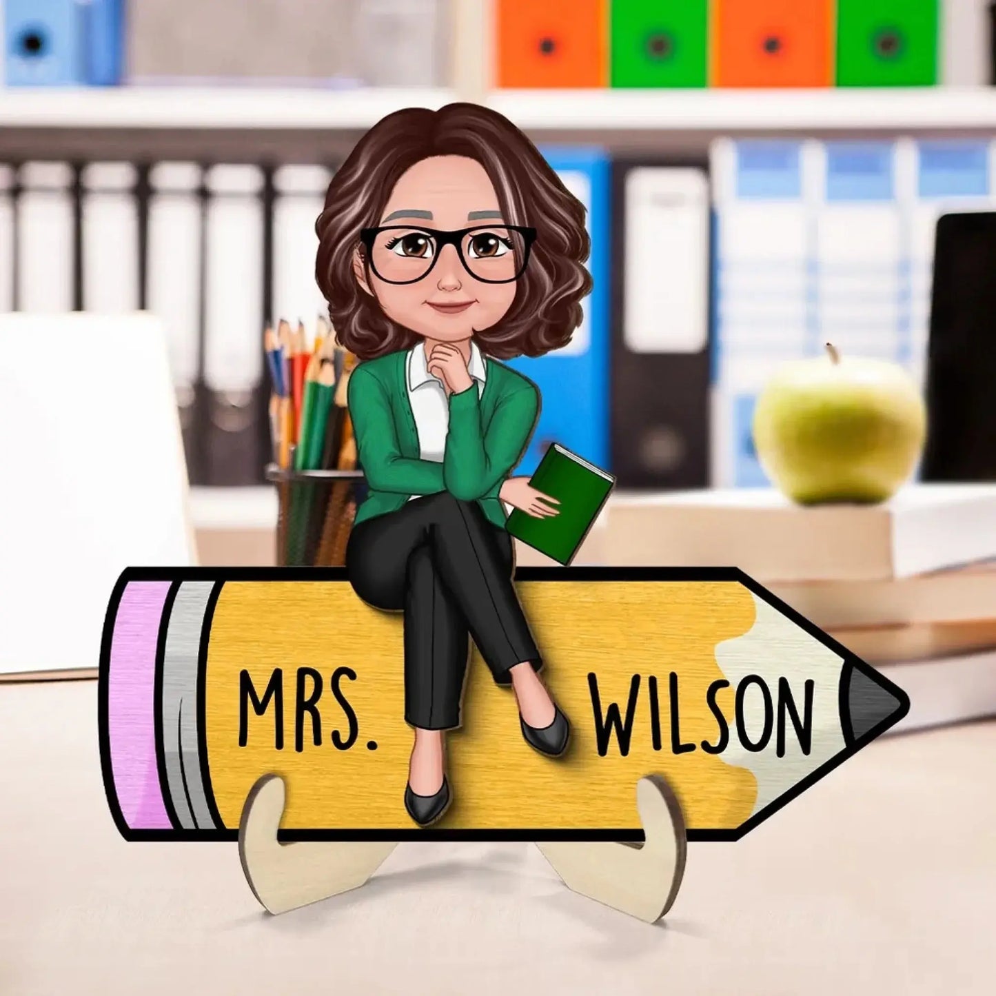 Personalized Teacher Wooden Desk Name Sign – Cute Doll Sitting on Pencil Plaque, Back to School Gift Ezcustomize