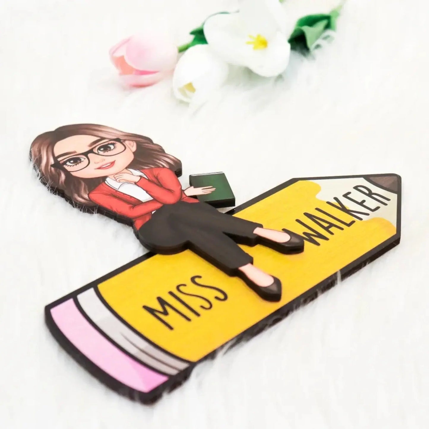 Personalized Teacher Wooden Desk Name Sign – Cute Doll Sitting on Pencil Plaque, Back to School Gift Ezcustomize