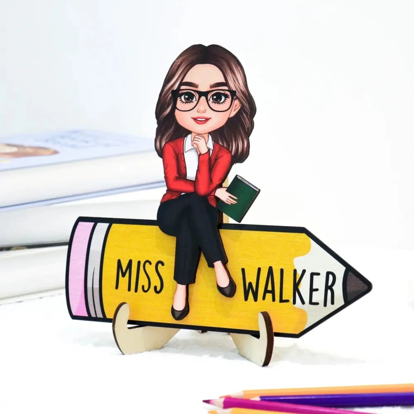 Personalized Teacher Wooden Desk Name Sign – Cute Doll Sitting on Pencil Plaque, Back to School Gift Ezcustomize
