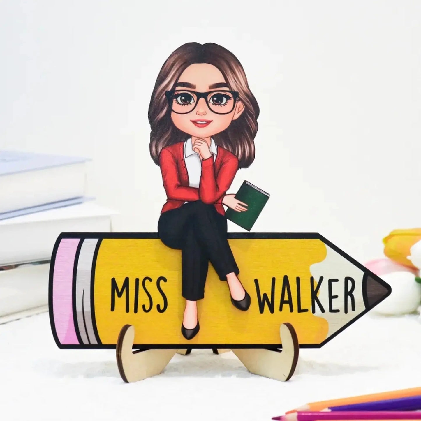 Personalized Teacher Wooden Desk Name Sign – Cute Doll Sitting on Pencil Plaque, Back to School Gift Ezcustomize