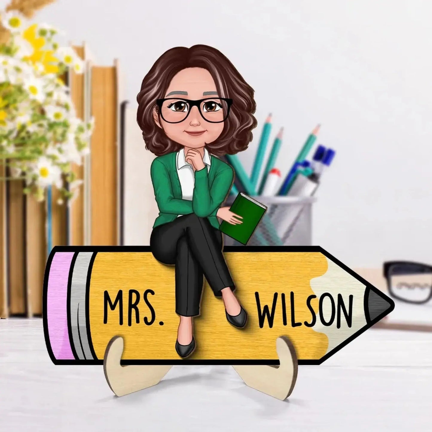 Personalized Teacher Wooden Desk Name Sign – Cute Doll Sitting on Pencil Plaque, Back to School Gift Ezcustomize