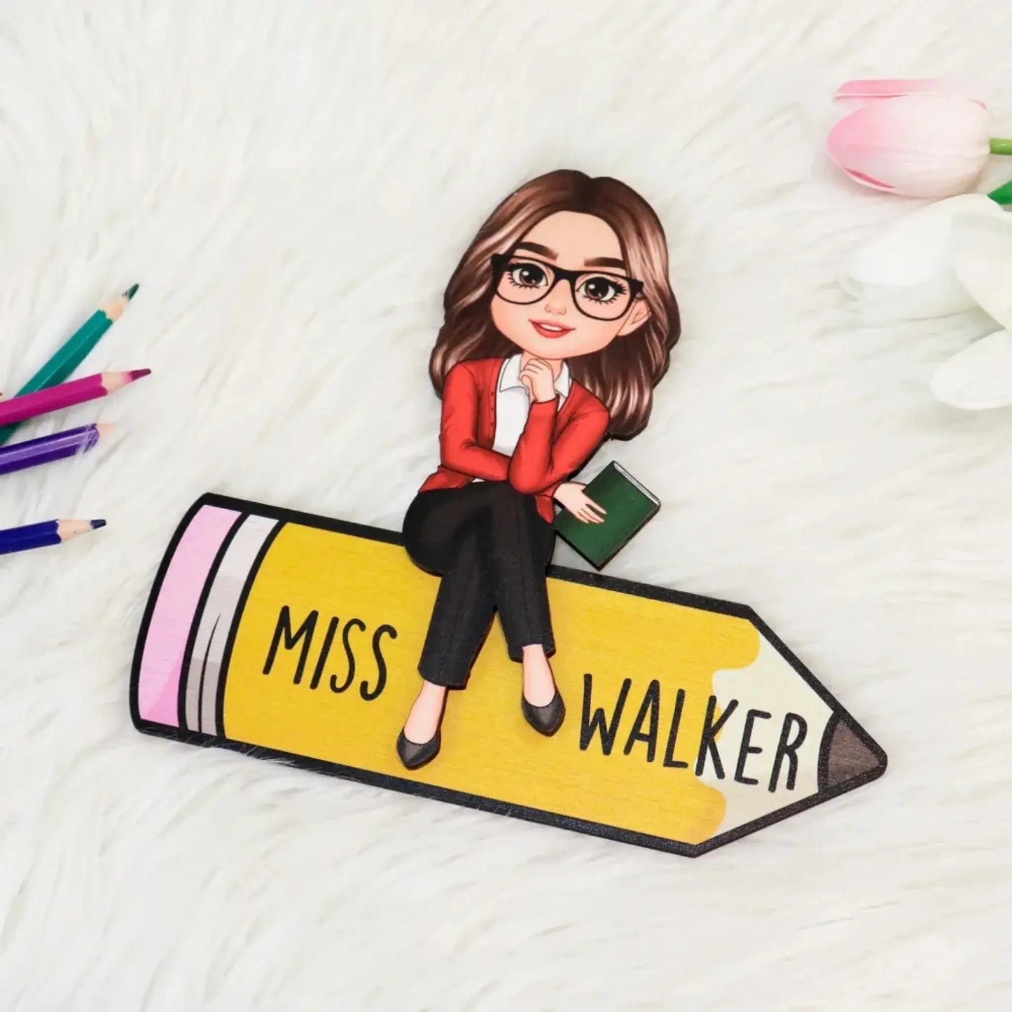 Personalized Teacher Wooden Desk Name Sign – Cute Doll Sitting on Pencil Plaque, Back to School Gift Ezcustomize