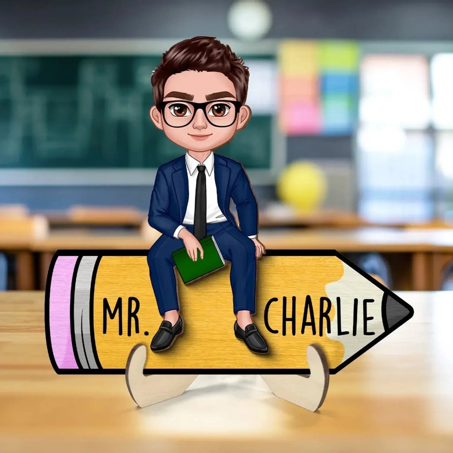 Personalized Teacher Wooden Desk Name Sign – Cute Doll Sitting on Pencil Plaque, Back to School Gift Ezcustomize