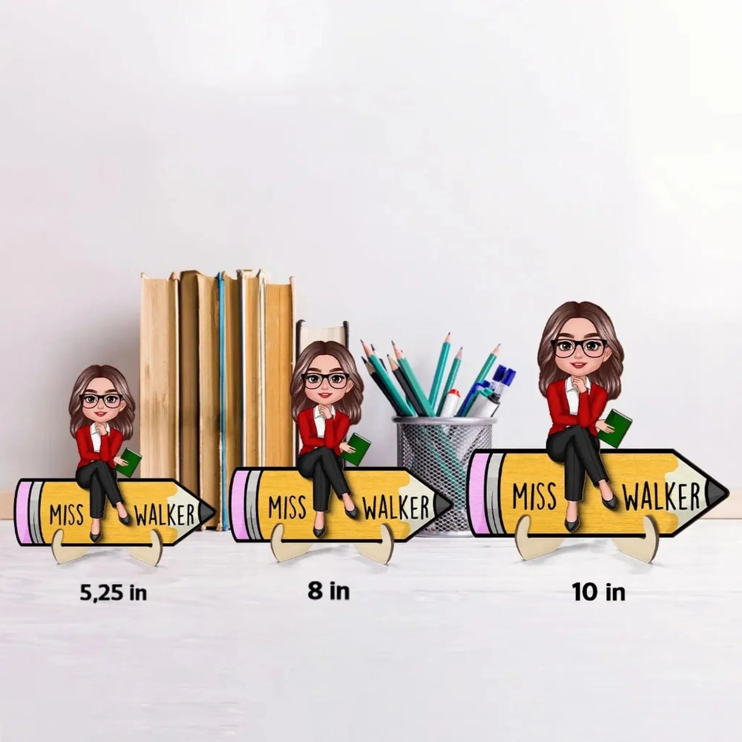 Personalized Teacher Wooden Desk Name Sign – Cute Doll Sitting on Pencil Plaque, Back to School Gift Ezcustomize