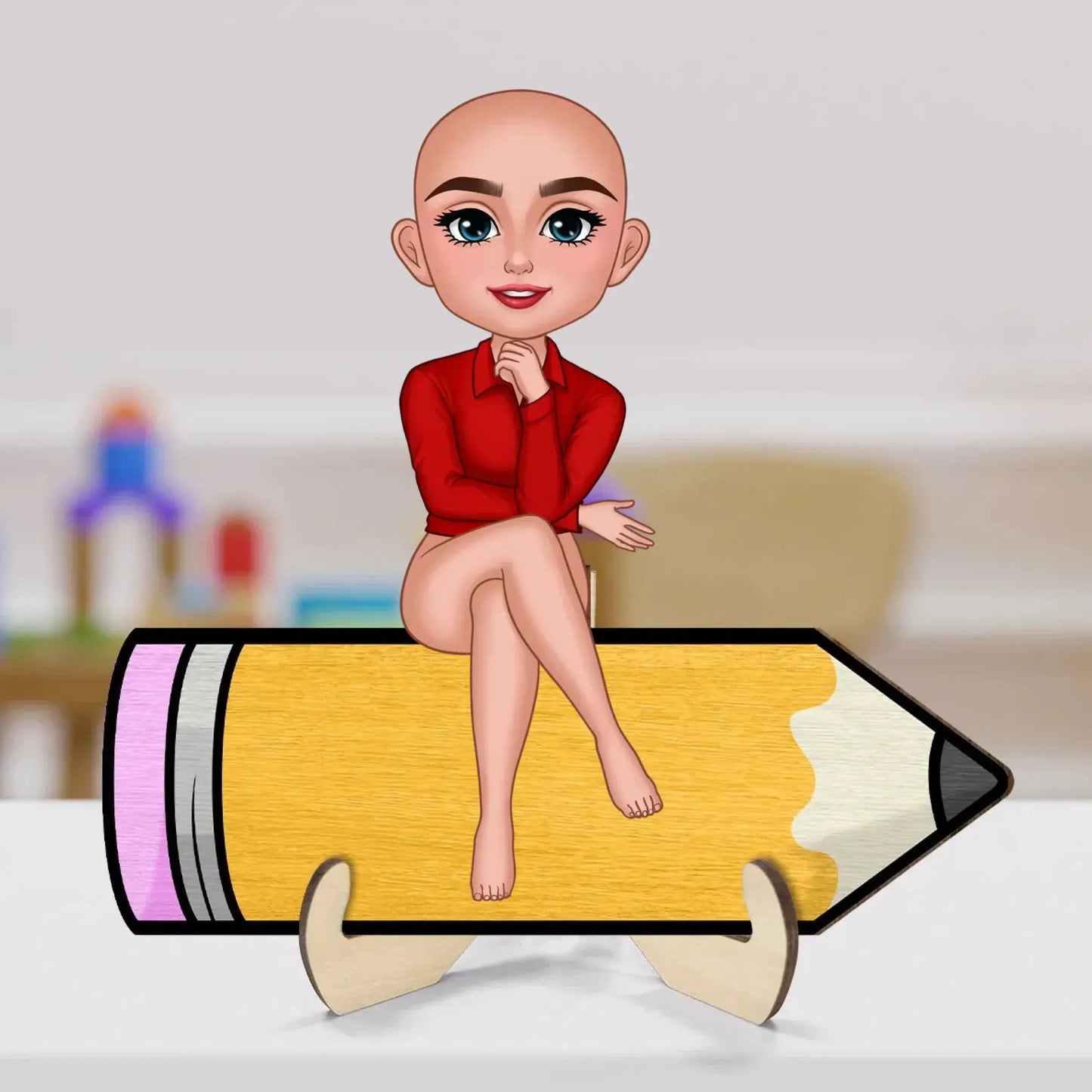 Personalized Teacher Wooden Desk Name Sign – Cute Doll Sitting on Pencil Plaque, Back to School Gift Ezcustomize