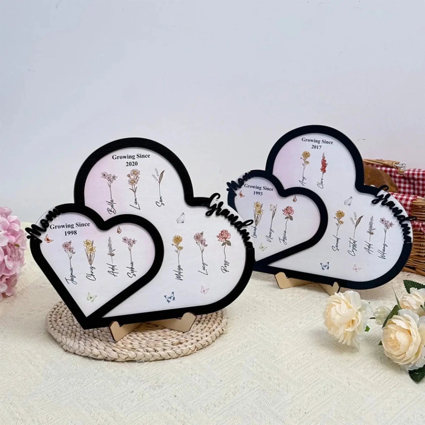 Personalized "First Mom, Now Grandma" Wooden Heart Plaque – Custom Birth Month Flower Gift for Moms & Grandmas Ezcustomize