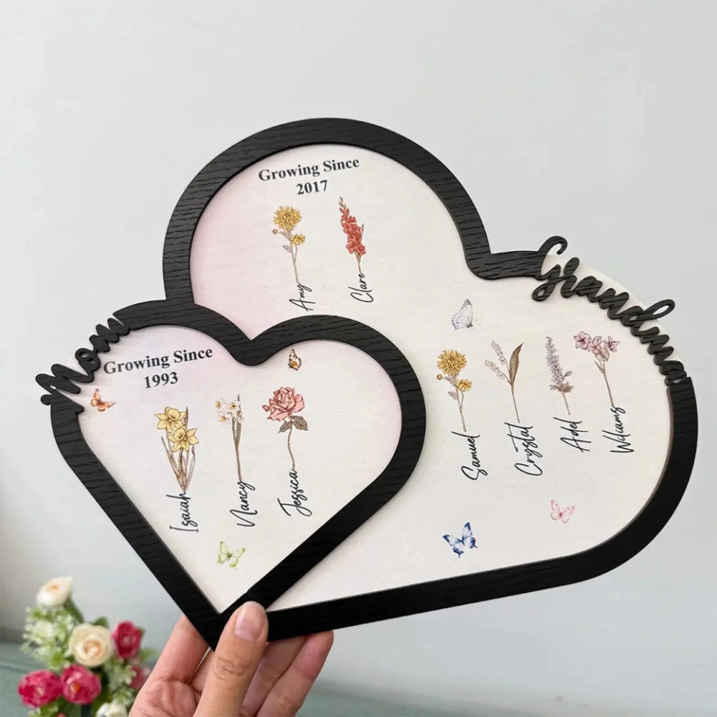 Personalized "First Mom, Now Grandma" Wooden Heart Plaque – Custom Birth Month Flower Gift for Moms & Grandmas Ezcustomize