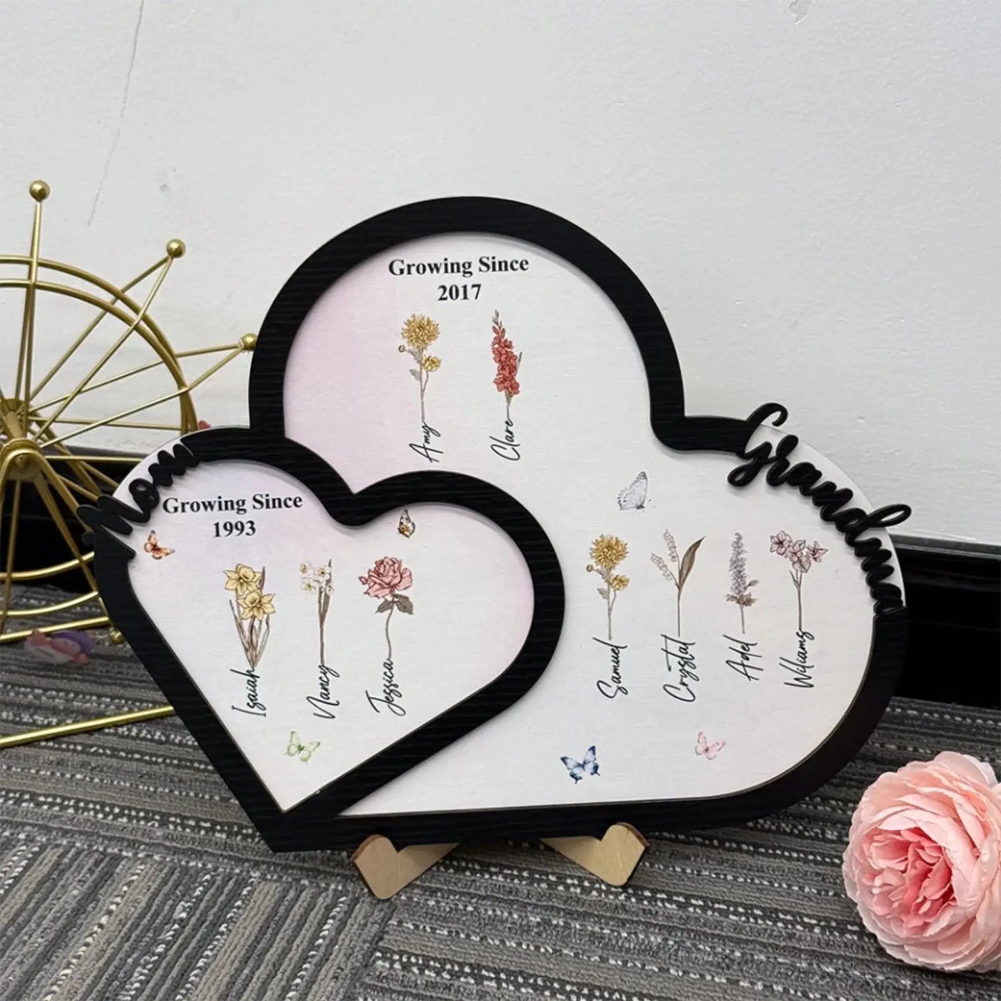 Personalized "First Mom, Now Grandma" Wooden Heart Plaque – Custom Birth Month Flower Gift for Moms & Grandmas Ezcustomize