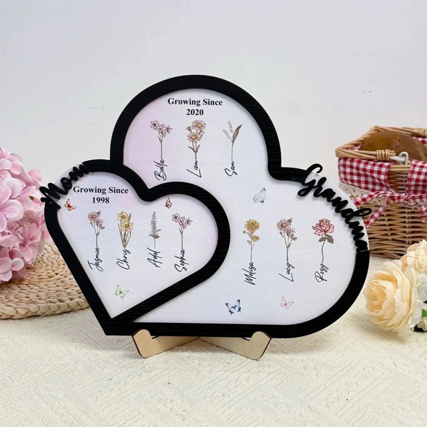 Personalized "First Mom, Now Grandma" Wooden Heart Plaque – Custom Birth Month Flower Gift for Moms & Grandmas Ezcustomize