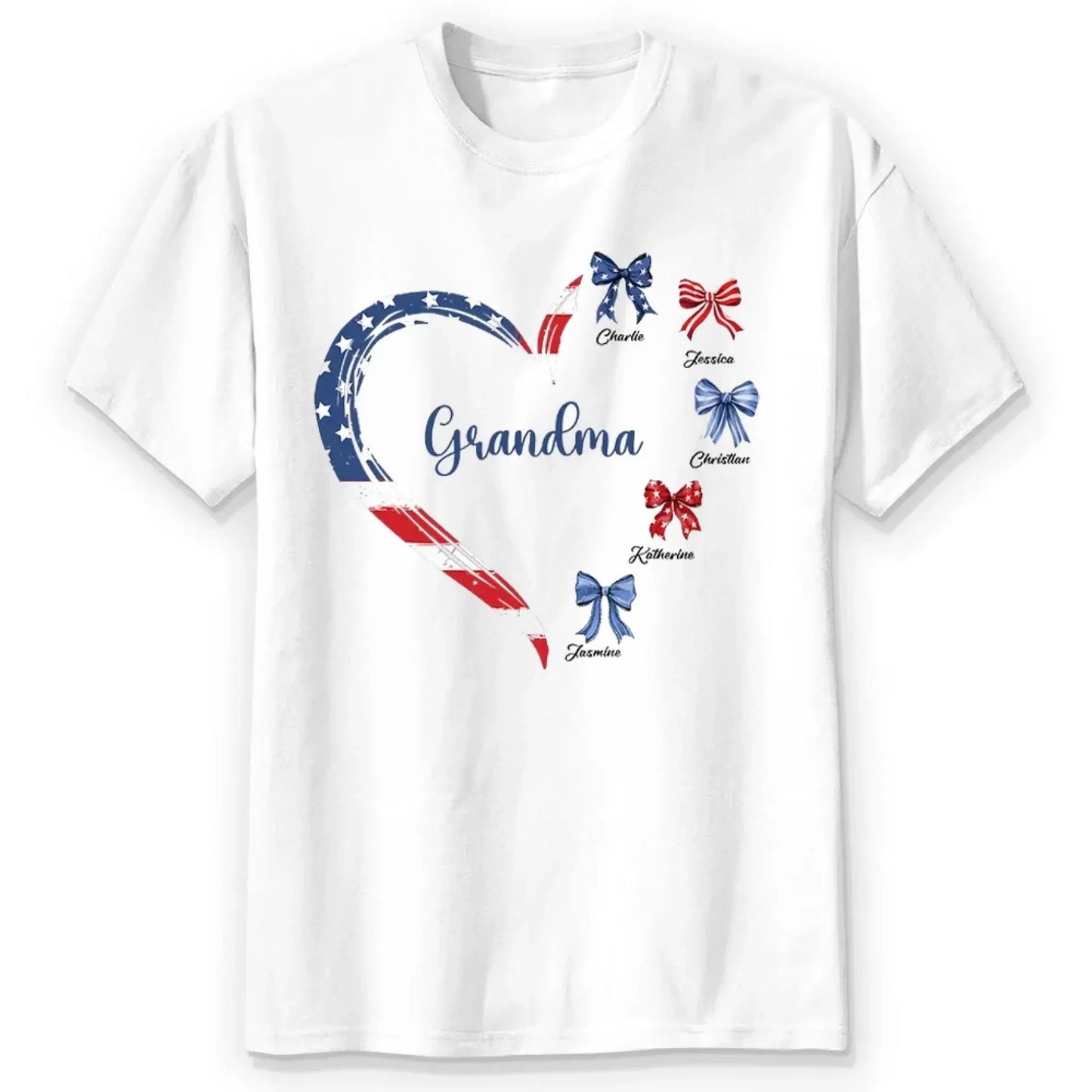 Proud American Grandma Shirt – Personalized Heart Bow T-Shirt with Grandkids' Names – 4th of July Gift for Mom, Nana, Mimi Ezcustomize