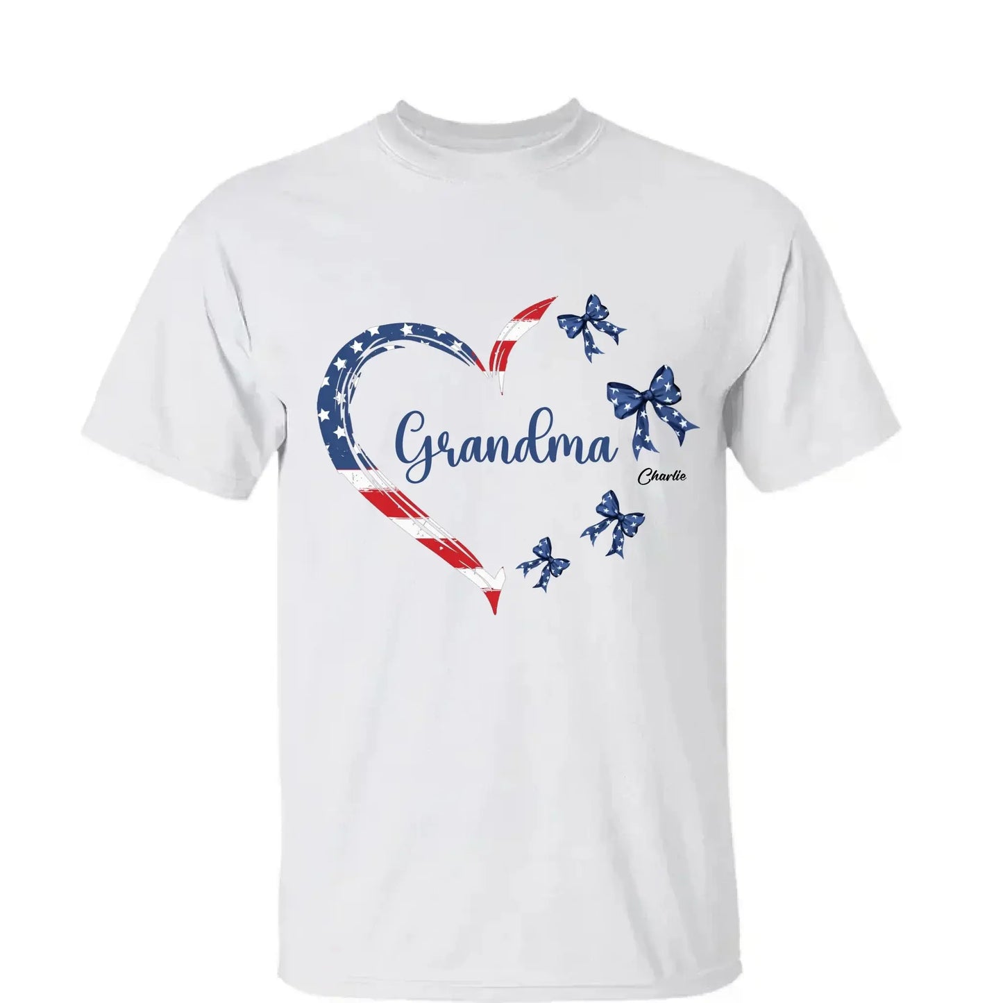 Proud American Grandma Shirt – Personalized Heart Bow T-Shirt with Grandkids' Names – 4th of July Gift for Mom, Nana, Mimi Ezcustomize