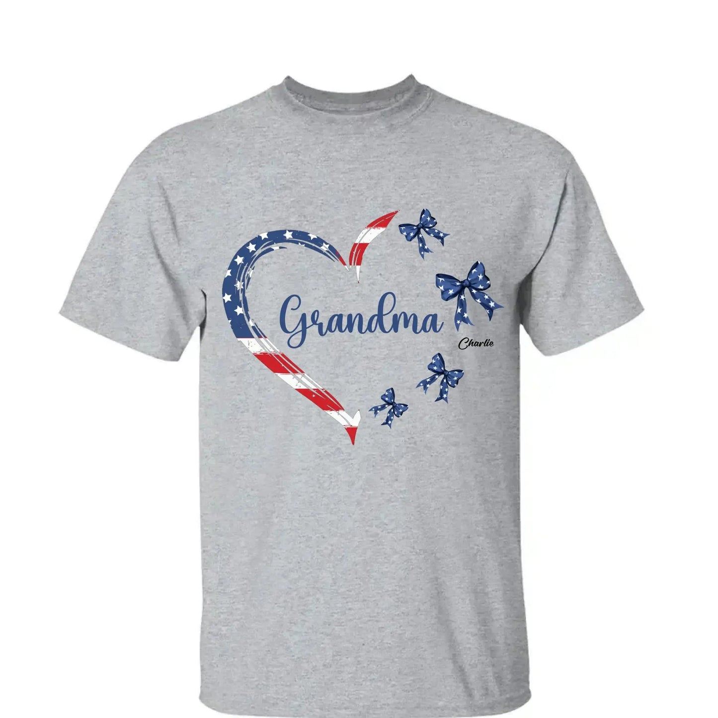 Proud American Grandma Shirt – Personalized Heart Bow T-Shirt with Grandkids' Names – 4th of July Gift for Mom, Nana, Mimi Ezcustomize