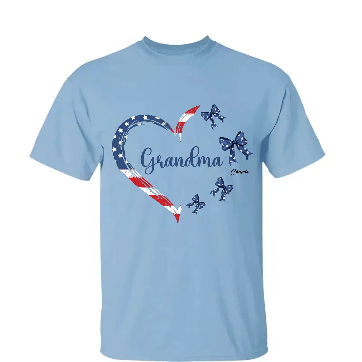 Proud American Grandma Shirt – Personalized Heart Bow T-Shirt with Grandkids' Names – 4th of July Gift for Mom, Nana, Mimi Ezcustomize