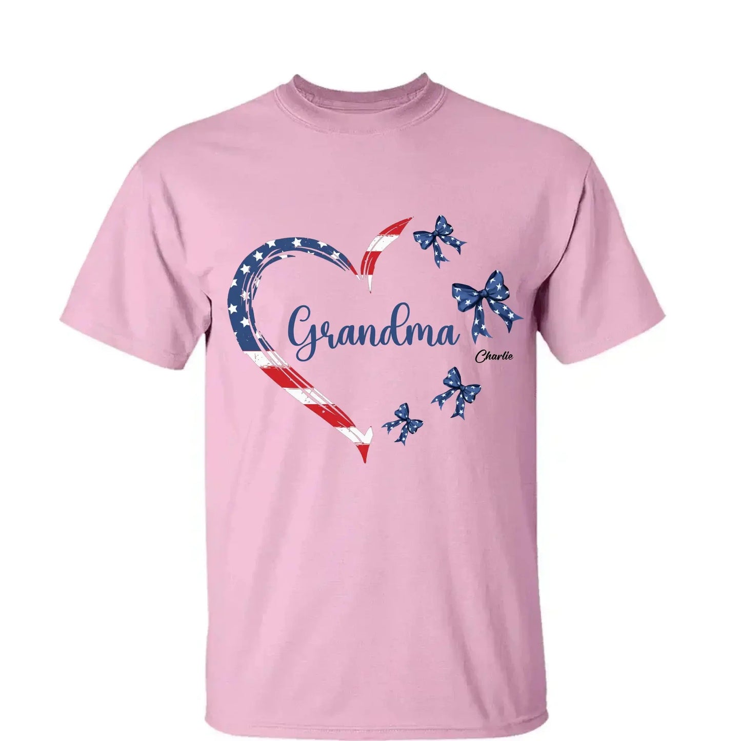 Proud American Grandma Shirt – Personalized Heart Bow T-Shirt with Grandkids' Names – 4th of July Gift for Mom, Nana, Mimi Ezcustomize