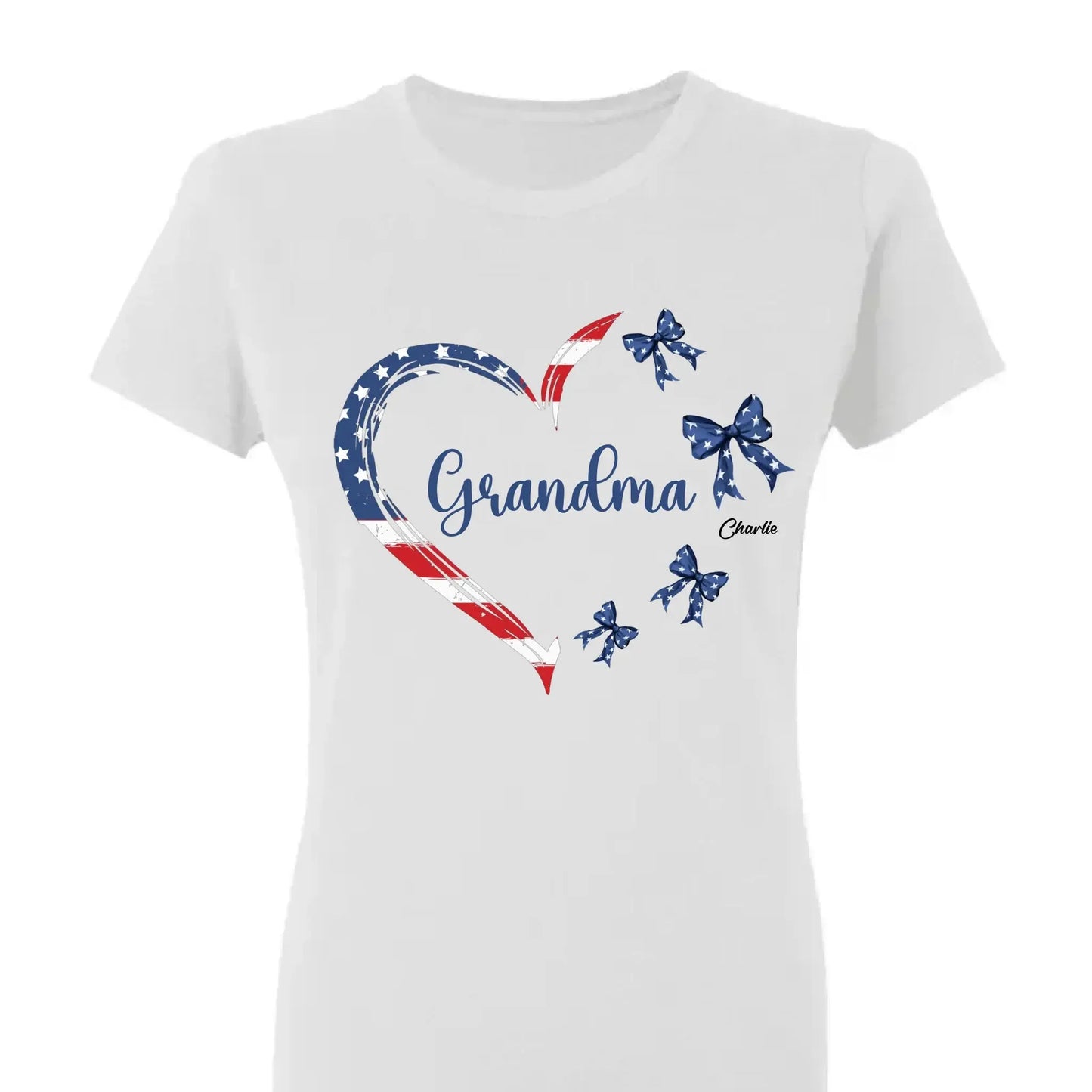 Proud American Grandma Shirt – Personalized Heart Bow T-Shirt with Grandkids' Names – 4th of July Gift for Mom, Nana, Mimi Ezcustomize