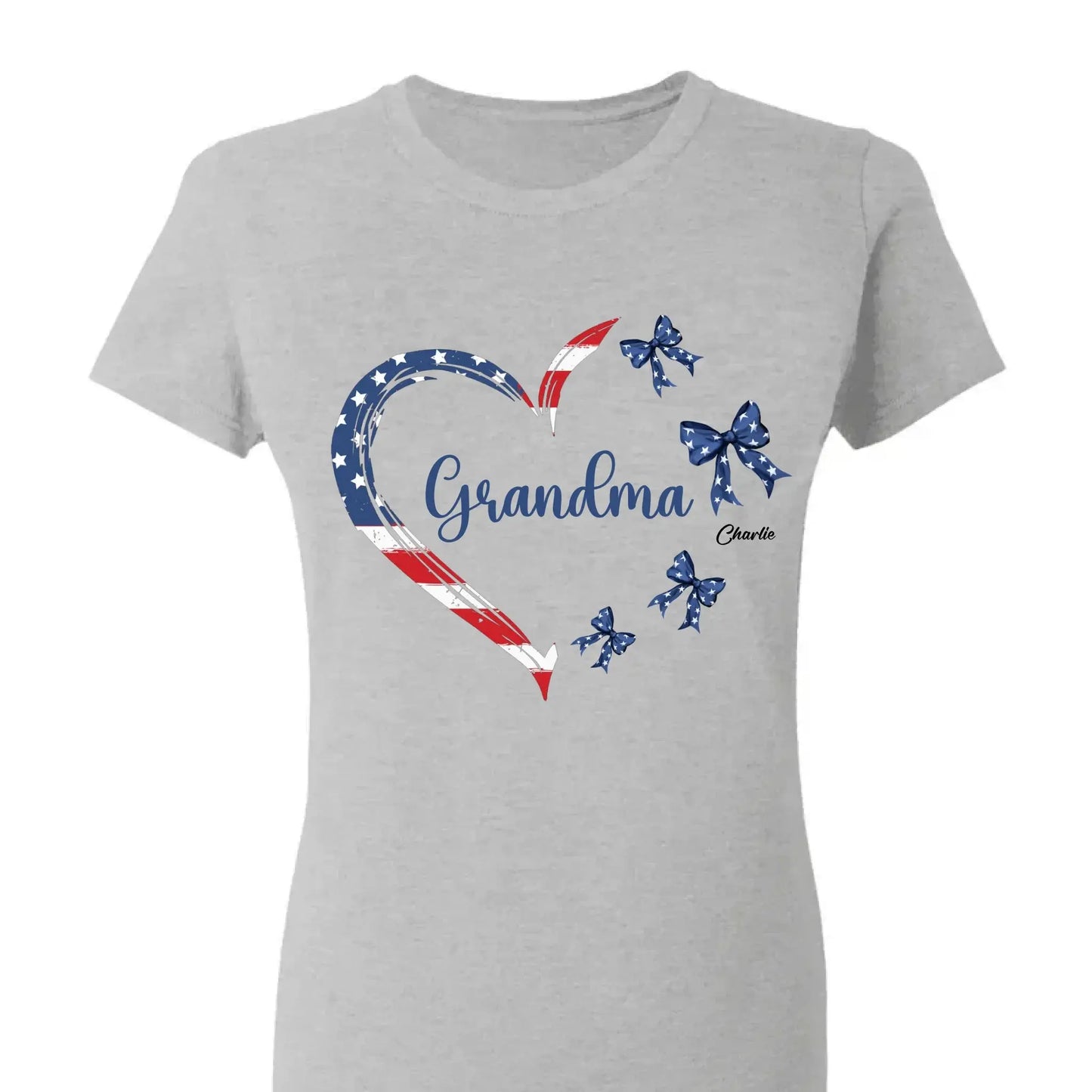 Proud American Grandma Shirt – Personalized Heart Bow T-Shirt with Grandkids' Names – 4th of July Gift for Mom, Nana, Mimi Ezcustomize