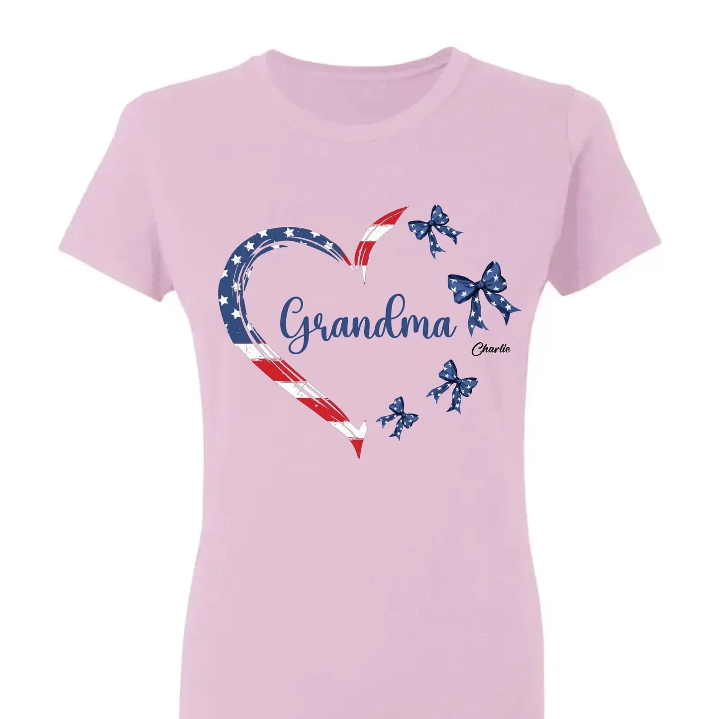 Proud American Grandma Shirt – Personalized Heart Bow T-Shirt with Grandkids' Names – 4th of July Gift for Mom, Nana, Mimi Ezcustomize