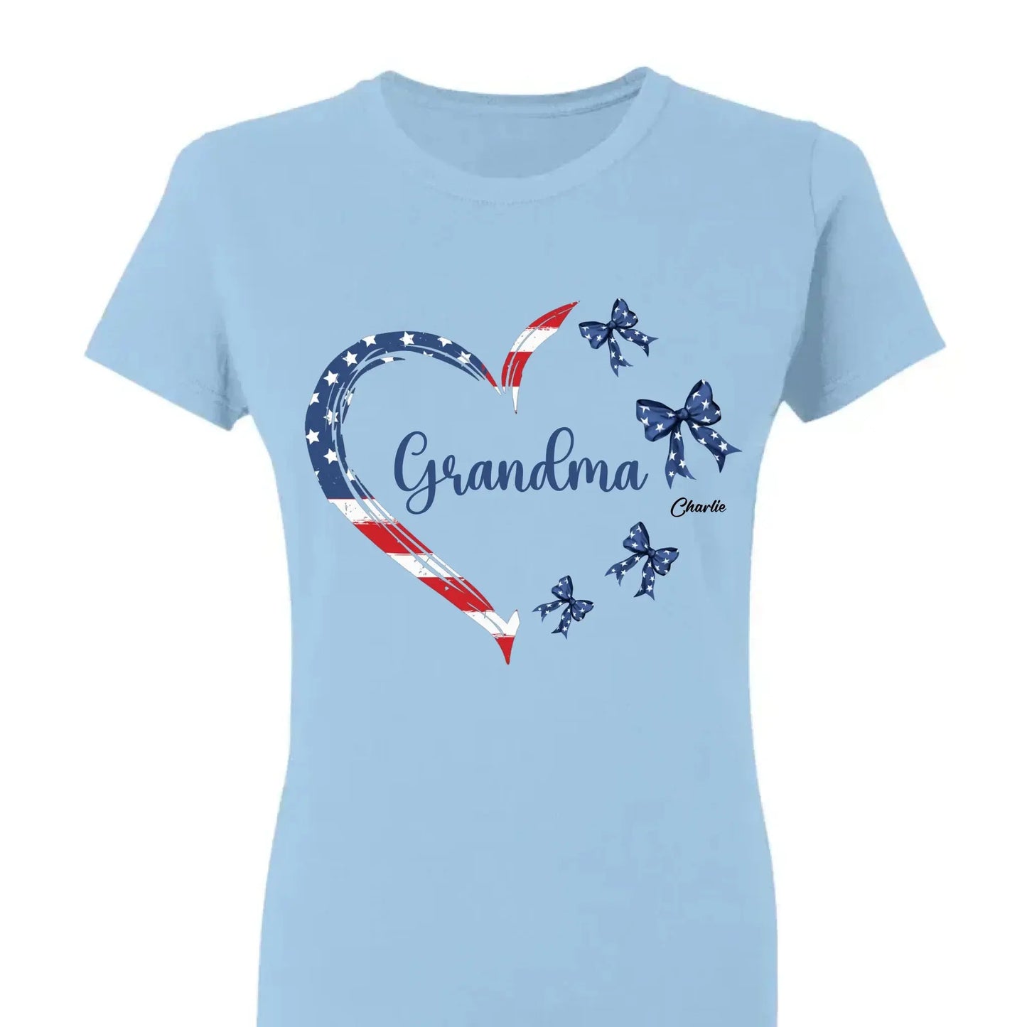 Proud American Grandma Shirt – Personalized Heart Bow T-Shirt with Grandkids' Names – 4th of July Gift for Mom, Nana, Mimi Ezcustomize