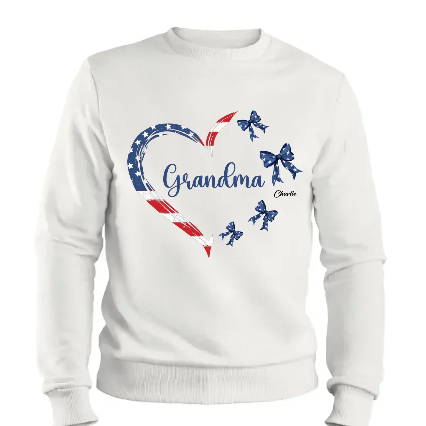 Proud American Grandma Shirt – Personalized Heart Bow T-Shirt with Grandkids' Names – 4th of July Gift for Mom, Nana, Mimi Ezcustomize