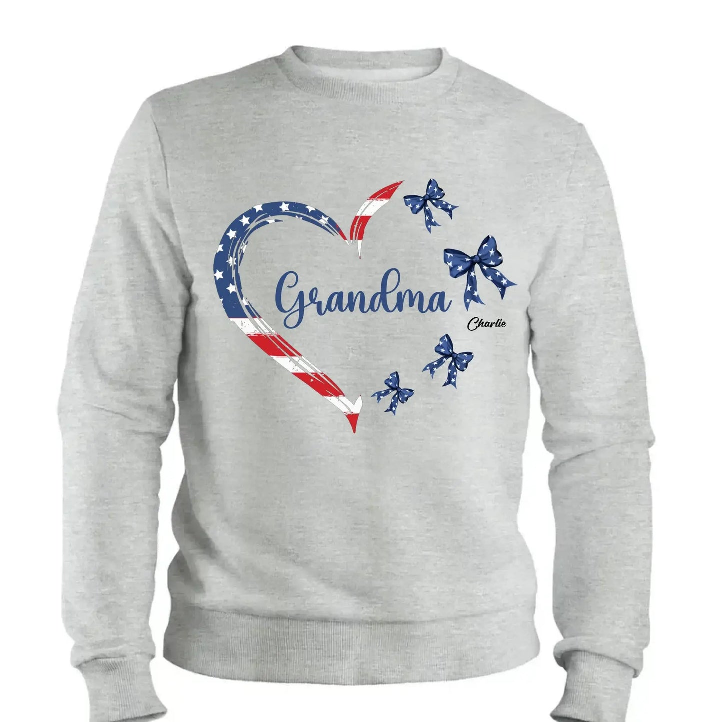 Proud American Grandma Shirt – Personalized Heart Bow T-Shirt with Grandkids' Names – 4th of July Gift for Mom, Nana, Mimi Ezcustomize