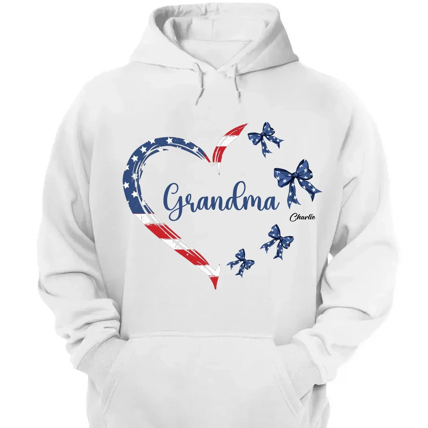 Proud American Grandma Shirt – Personalized Heart Bow T-Shirt with Grandkids' Names – 4th of July Gift for Mom, Nana, Mimi Ezcustomize