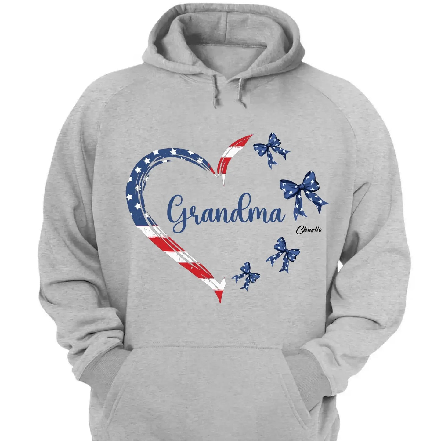 Proud American Grandma Shirt – Personalized Heart Bow T-Shirt with Grandkids' Names – 4th of July Gift for Mom, Nana, Mimi Ezcustomize
