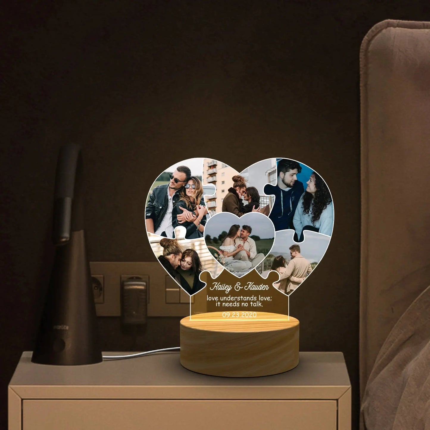 Puzzle Heart Custom Photo LED Night Light – Personalized Acrylic Lamp with Names, Date & Pictures, Romantic Gift for Wedding, Engagement or Anniversary Ezcustomize