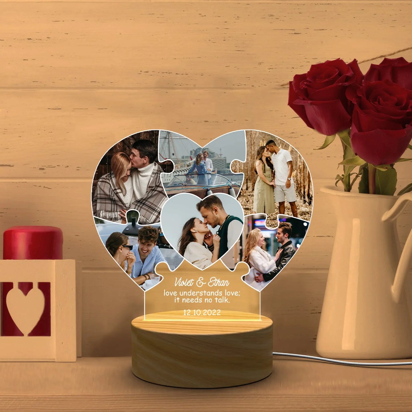 Puzzle Heart Custom Photo LED Night Light – Personalized Acrylic Lamp with Names, Date & Pictures, Romantic Gift for Wedding, Engagement or Anniversary Ezcustomize