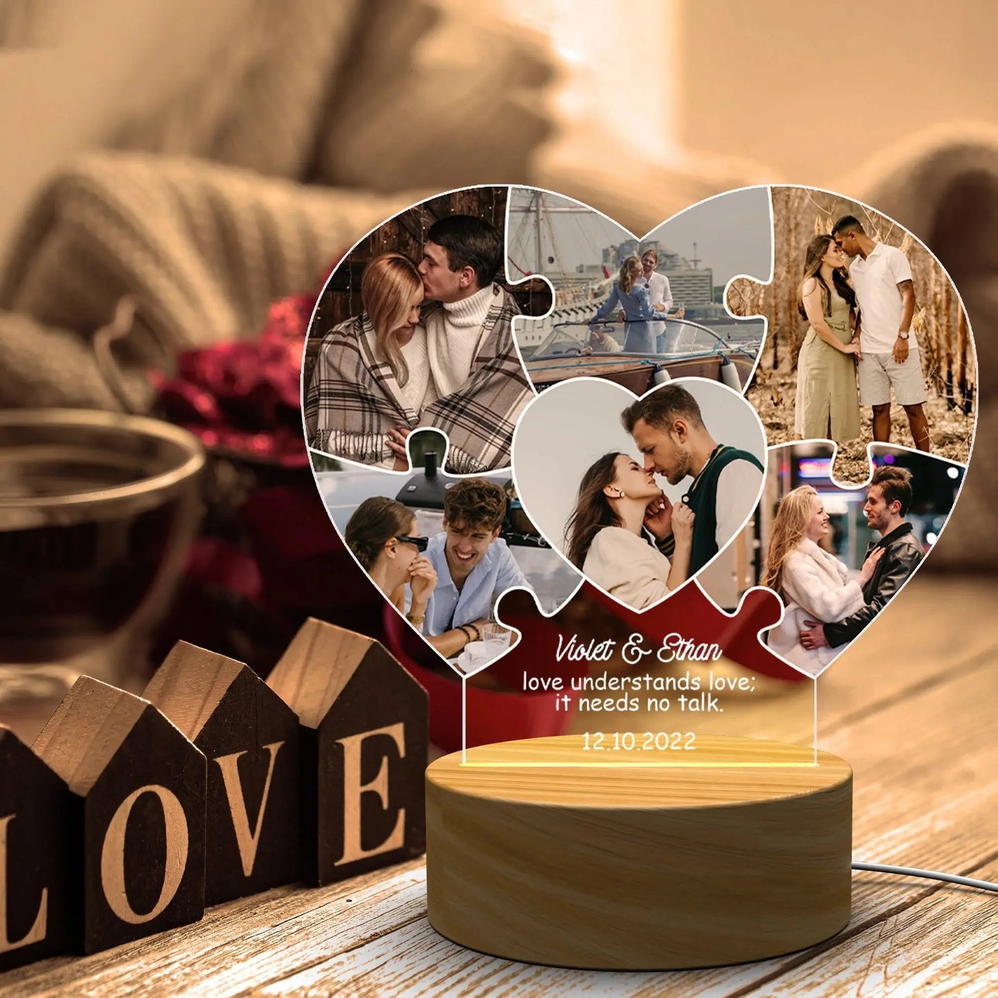 Puzzle Heart Custom Photo LED Night Light – Personalized Acrylic Lamp with Names, Date & Pictures, Romantic Gift for Wedding, Engagement or Anniversary Ezcustomize