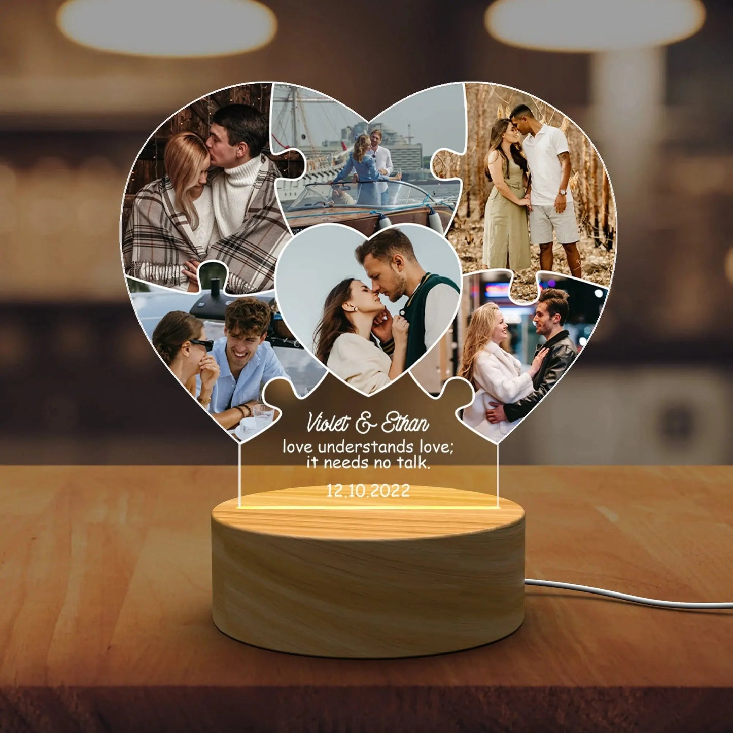 Puzzle Heart Custom Photo LED Night Light – Personalized Acrylic Lamp with Names, Date & Pictures, Romantic Gift for Wedding, Engagement or Anniversary Ezcustomize