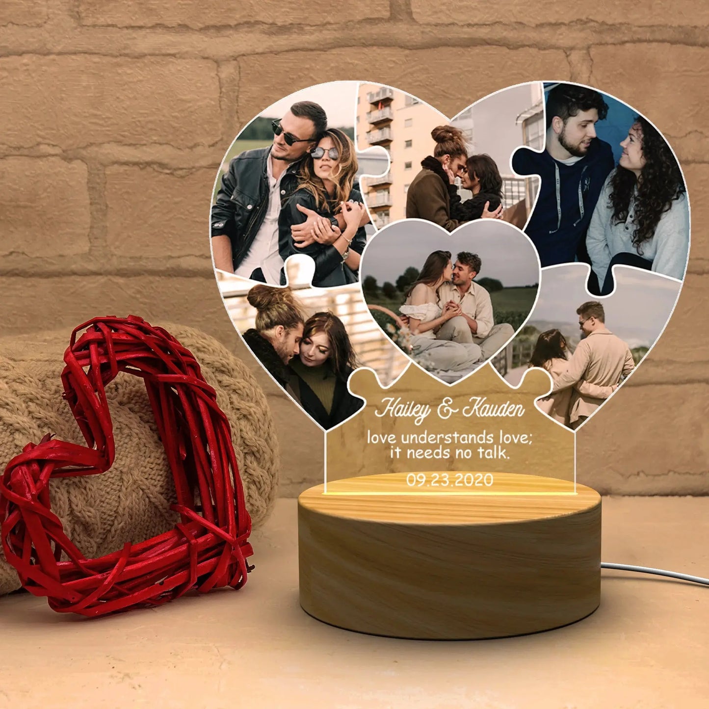 Puzzle Heart Custom Photo LED Night Light – Personalized Acrylic Lamp with Names, Date & Pictures, Romantic Gift for Wedding, Engagement or Anniversary Ezcustomize
