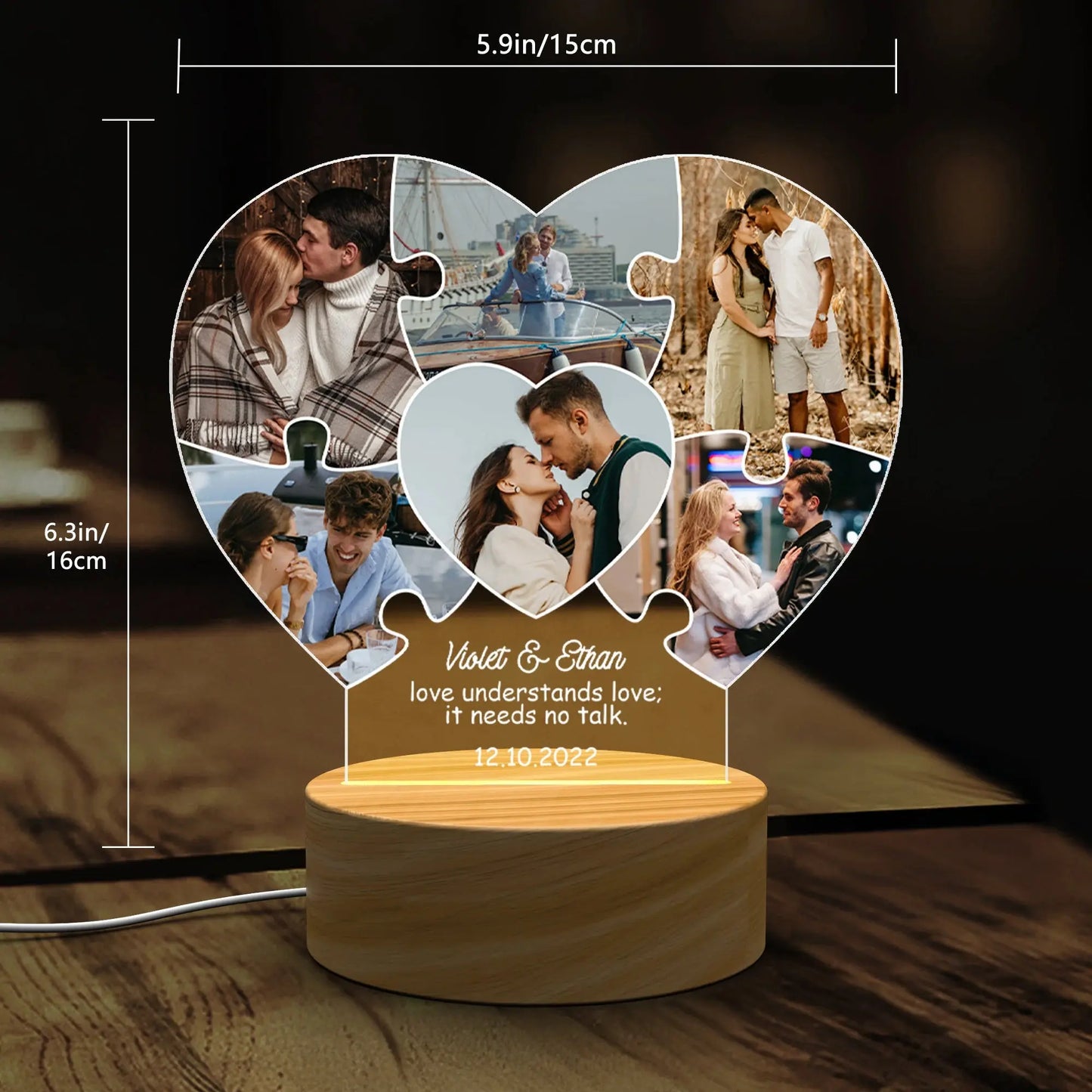 Puzzle Heart Custom Photo LED Night Light – Personalized Acrylic Lamp with Names, Date & Pictures, Romantic Gift for Wedding, Engagement or Anniversary Ezcustomize