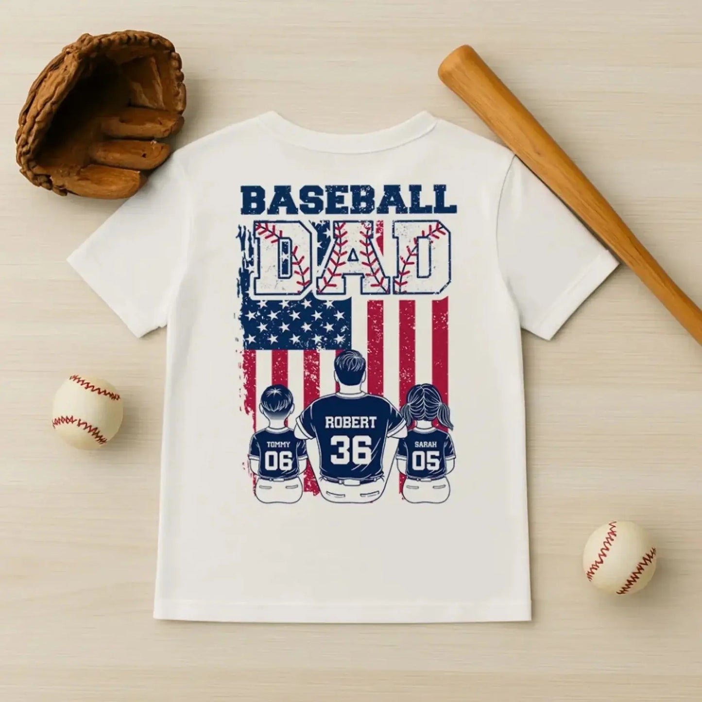 Retro Baseball Dad & Kids Flag Shirt – Personalized T-Shirt – Custom Gift for Proud Baseball Dads on Father’s Day or Game Day Ezcustomize