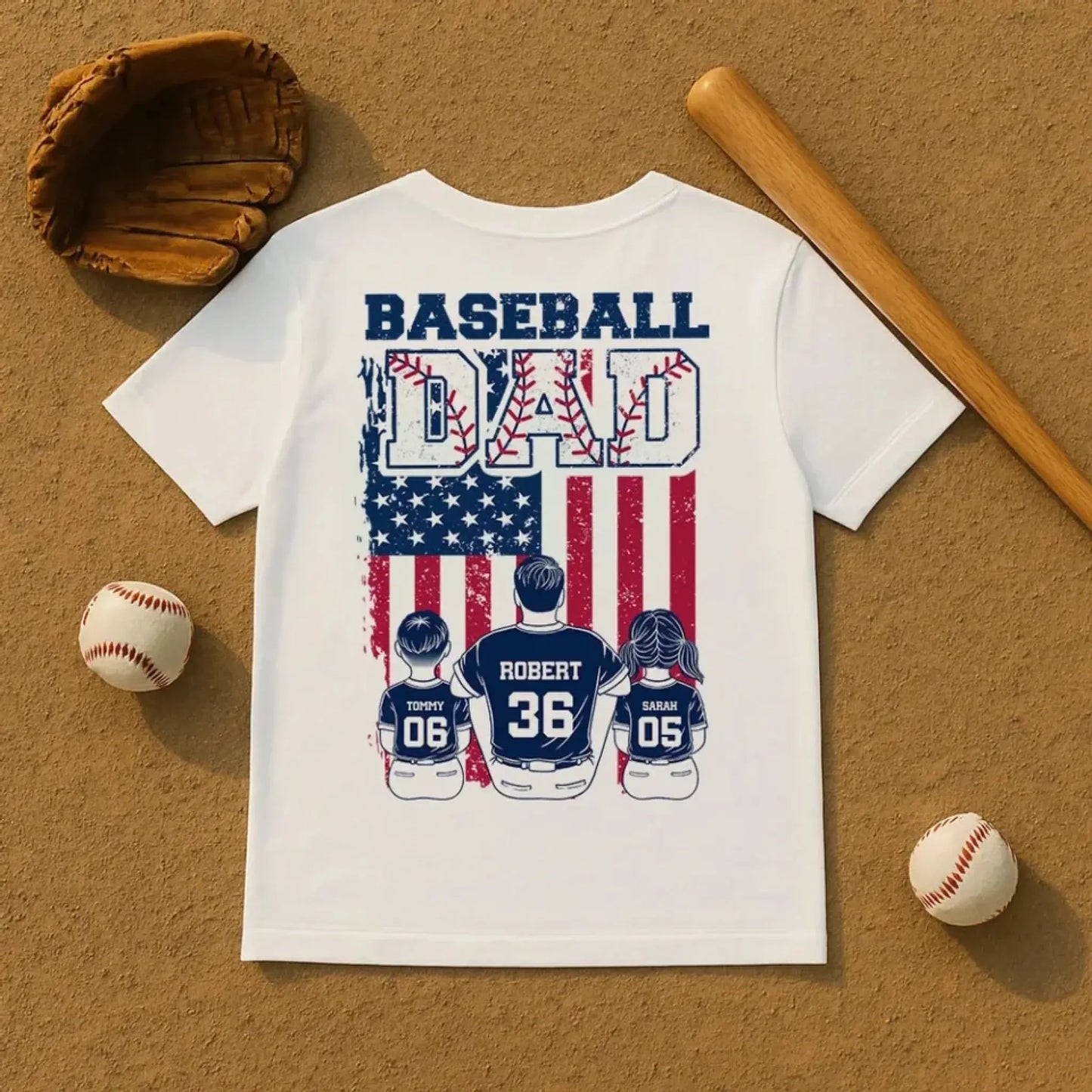 Retro Baseball Dad & Kids Flag Shirt – Personalized T-Shirt – Custom Gift for Proud Baseball Dads on Father’s Day or Game Day Ezcustomize