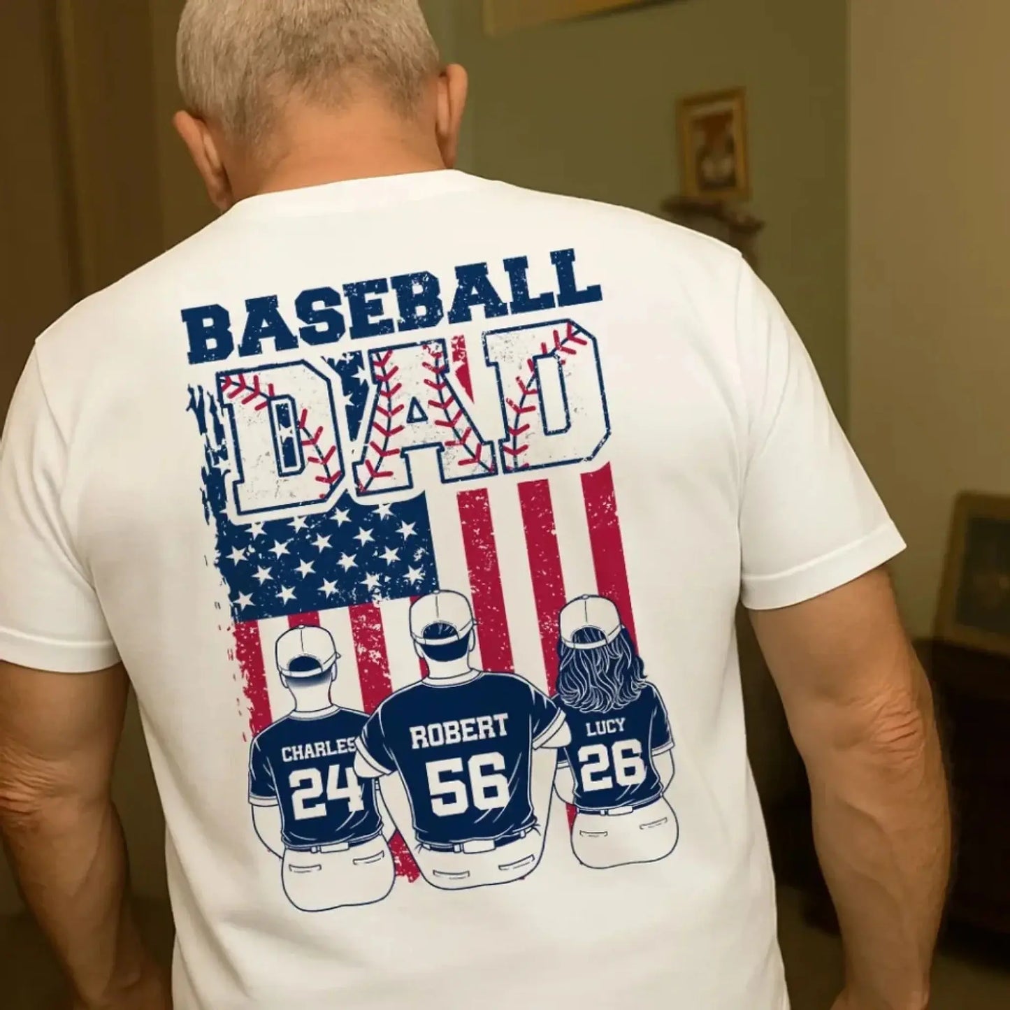 Retro Baseball Dad & Kids Flag Shirt – Personalized T-Shirt – Custom Gift for Proud Baseball Dads on Father’s Day or Game Day Ezcustomize