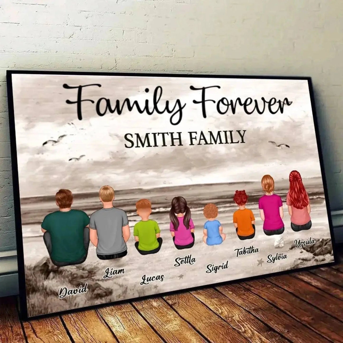 Retro Vintage Family Sitting Beach Landscape Personalized Horizontal Poster or Canvas Ezcustomize