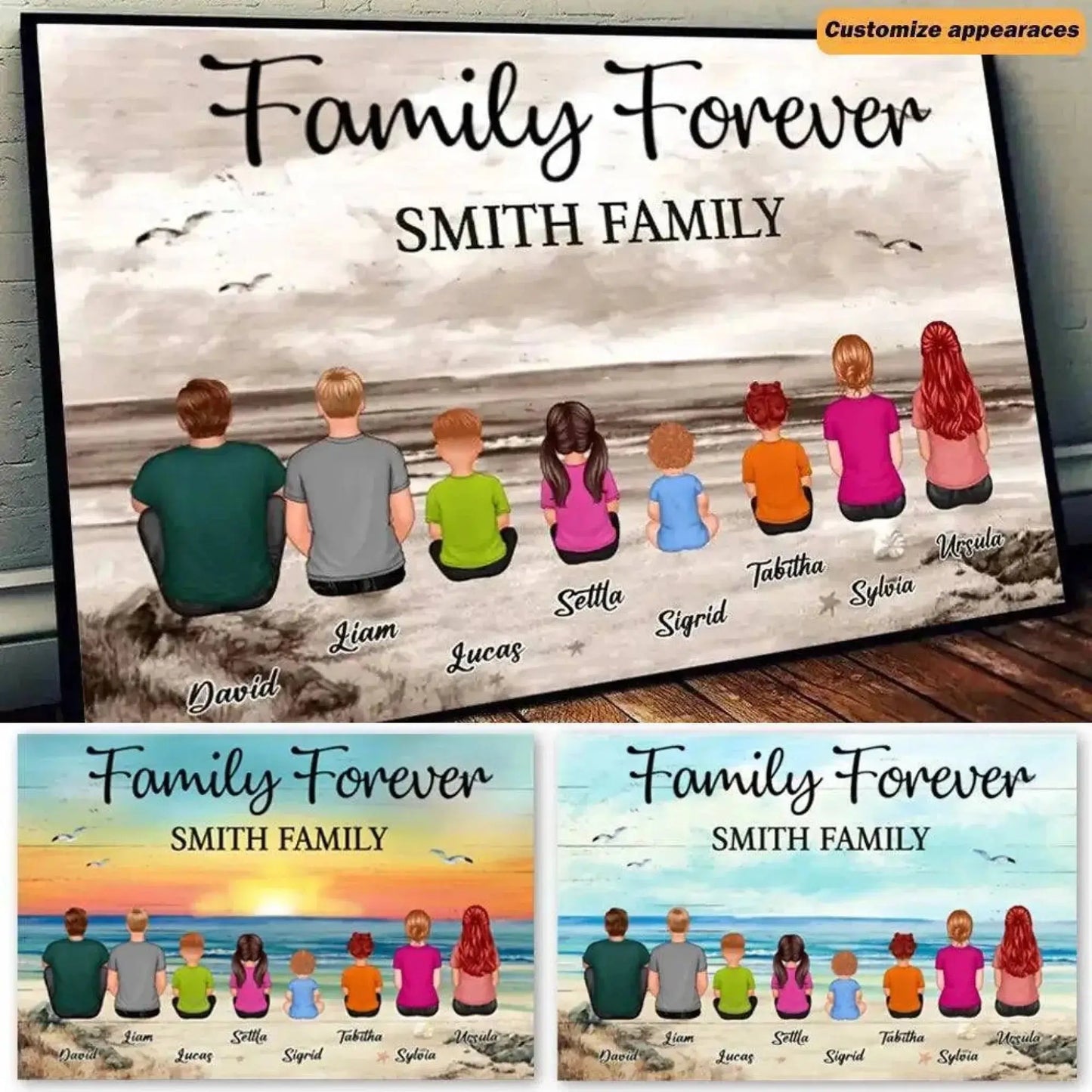 Retro Vintage Family Sitting Beach Landscape Personalized Horizontal Poster or Canvas Ezcustomize