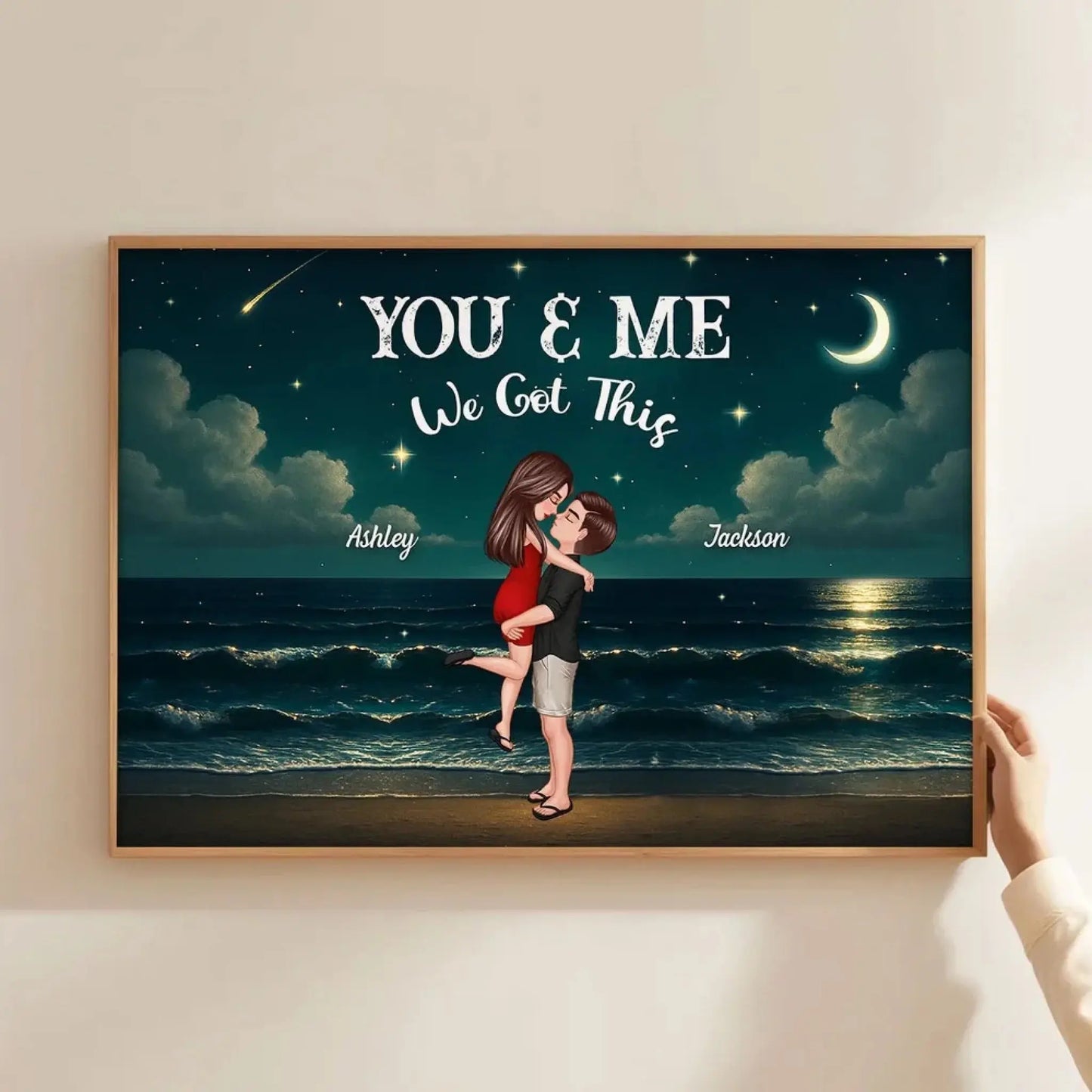 Romantic Night Beach Couple Poster – Personalized Hug & Kiss Wall Art, Custom Gift for Him Her, Bedroom Decor Ezcustomize