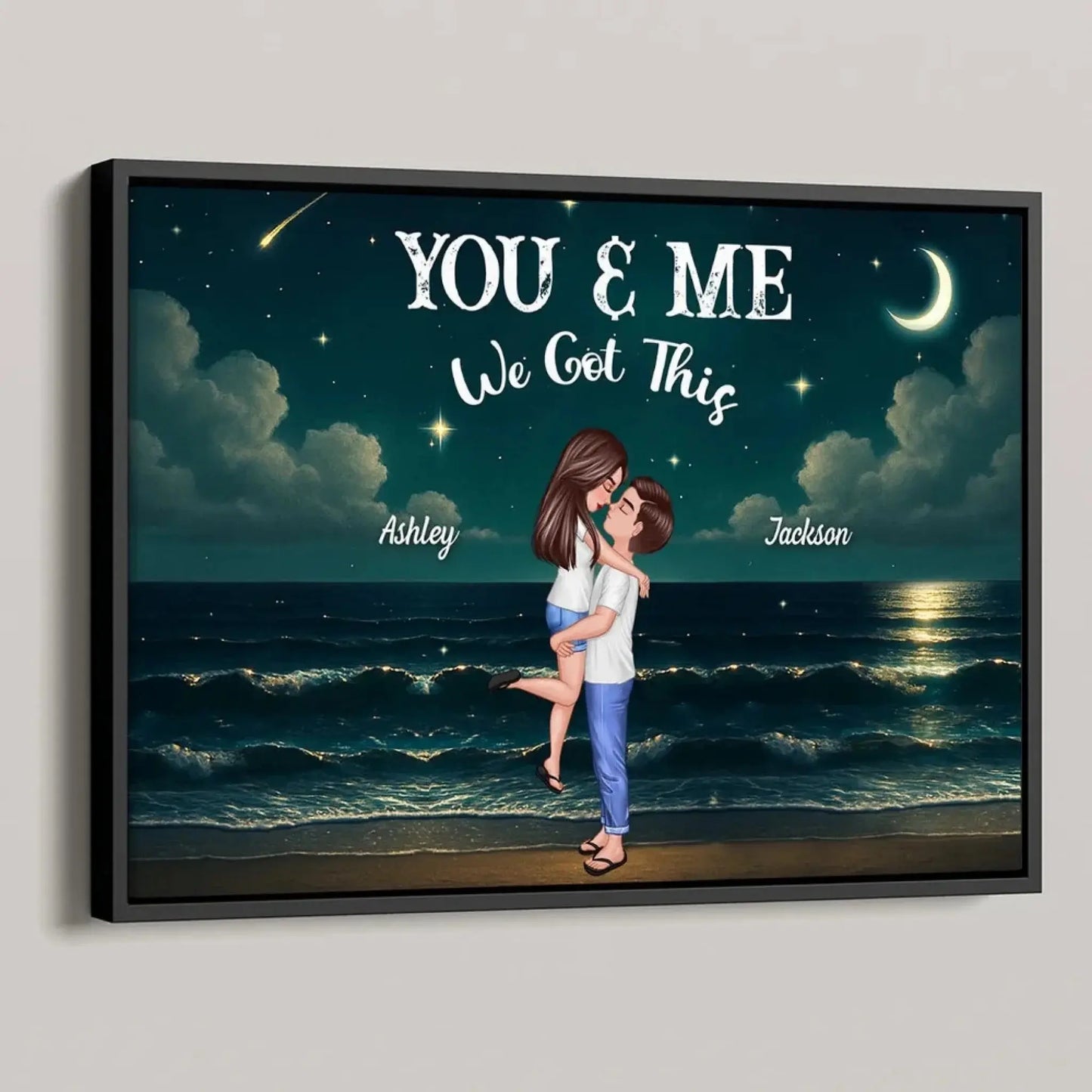 Romantic Night Beach Couple Poster – Personalized Hug & Kiss Wall Art, Custom Gift for Him Her, Bedroom Decor Ezcustomize