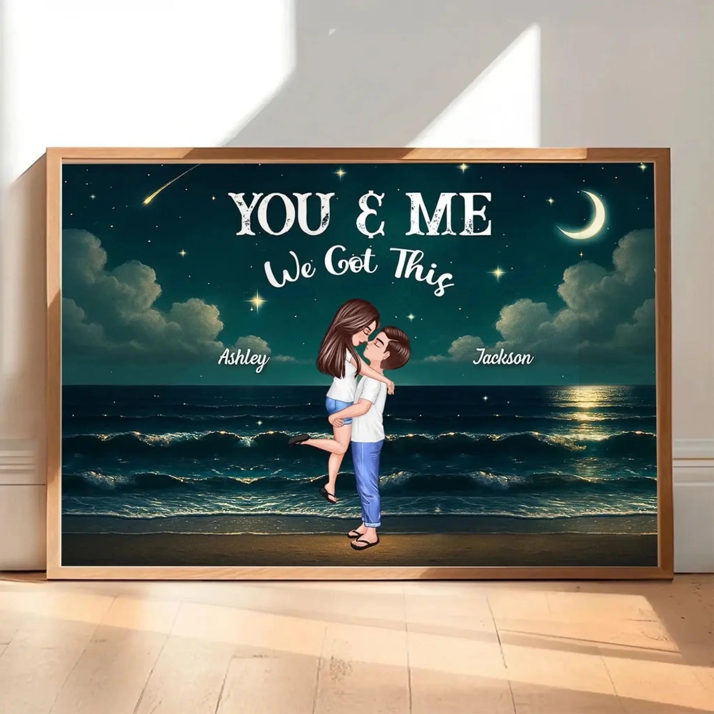 Romantic Night Beach Couple Poster – Personalized Hug & Kiss Wall Art, Custom Gift for Him Her, Bedroom Decor Ezcustomize