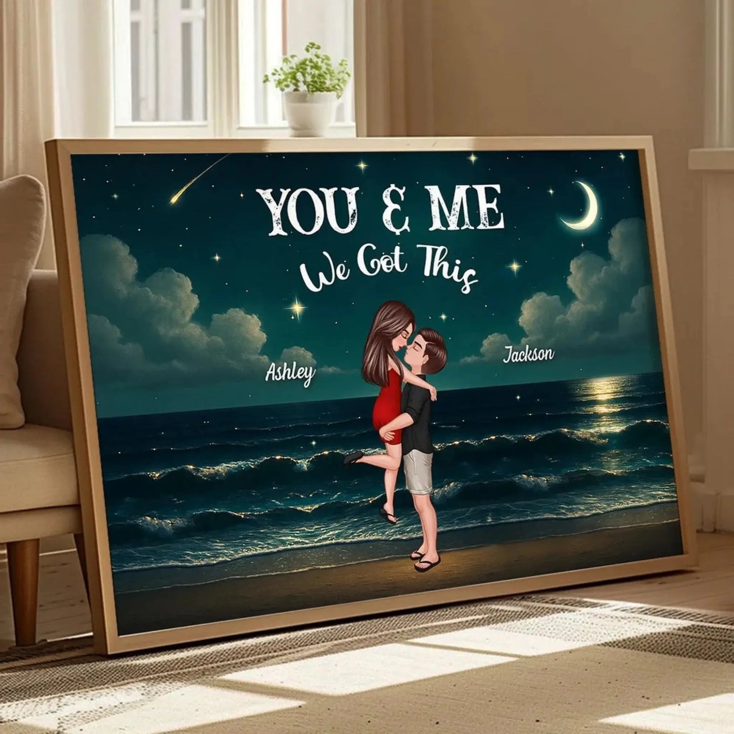 Romantic Night Beach Couple Poster – Personalized Hug & Kiss Wall Art, Custom Gift for Him Her, Bedroom Decor Ezcustomize