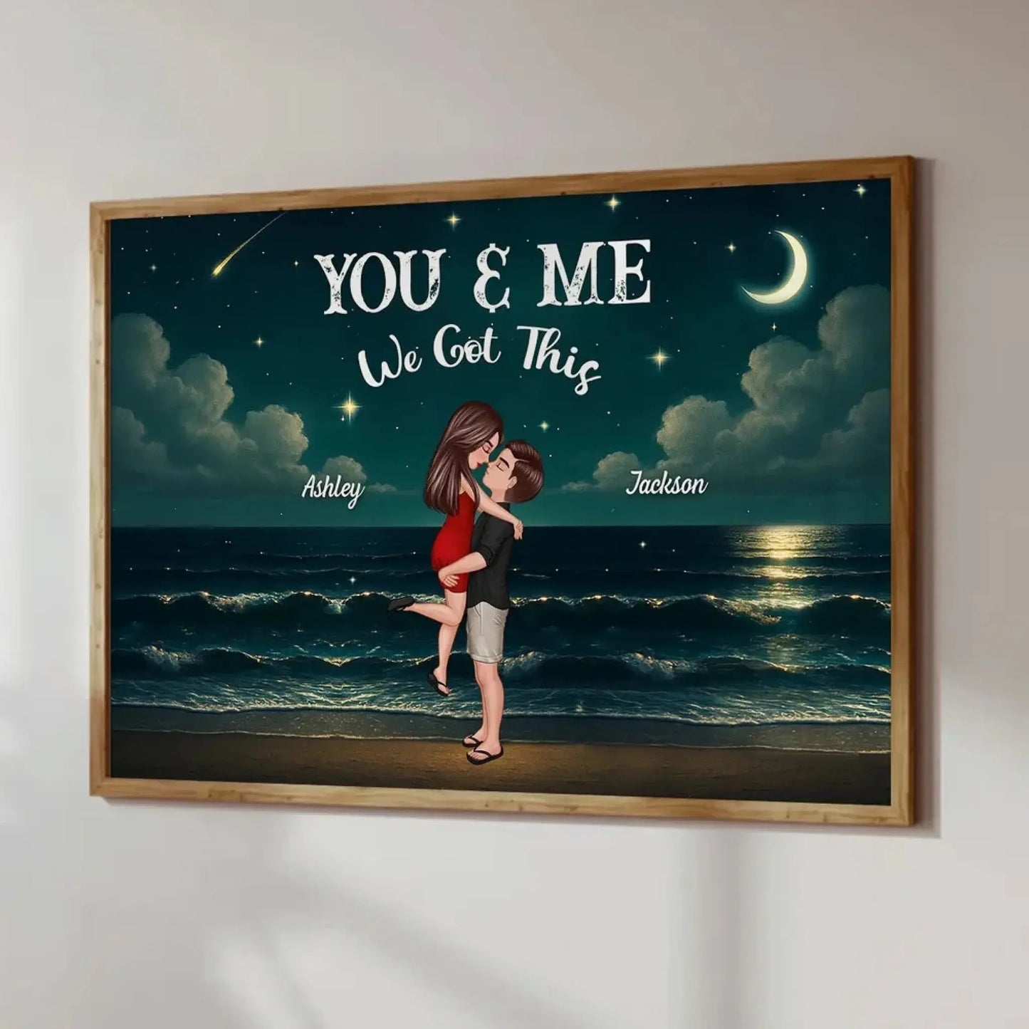 Romantic Night Beach Couple Poster – Personalized Hug & Kiss Wall Art, Custom Gift for Him Her, Bedroom Decor Ezcustomize