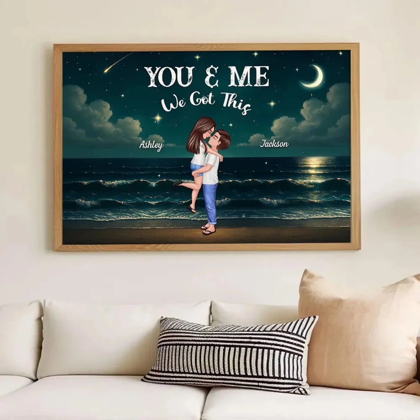 Romantic Night Beach Couple Poster – Personalized Hug & Kiss Wall Art, Custom Gift for Him Her, Bedroom Decor Ezcustomize
