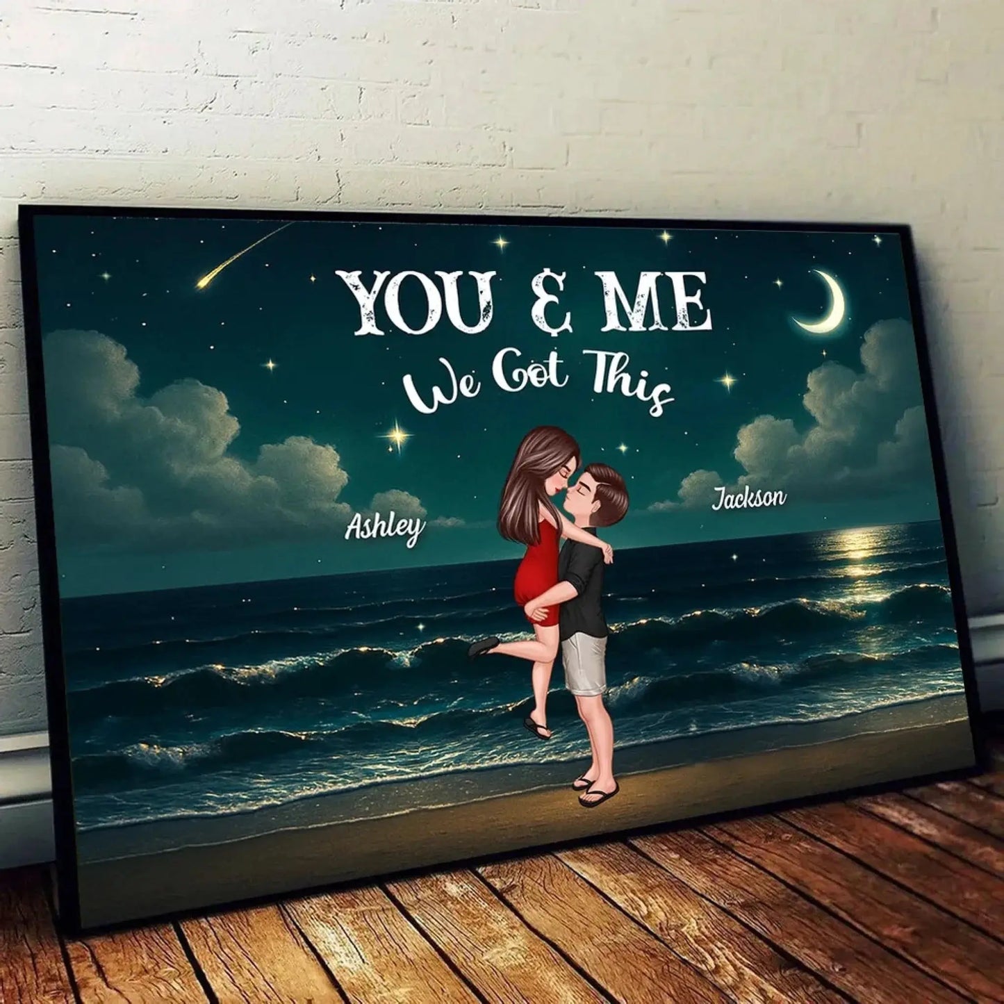 Romantic Night Beach Couple Poster – Personalized Hug & Kiss Wall Art, Custom Gift for Him Her, Bedroom Decor Ezcustomize
